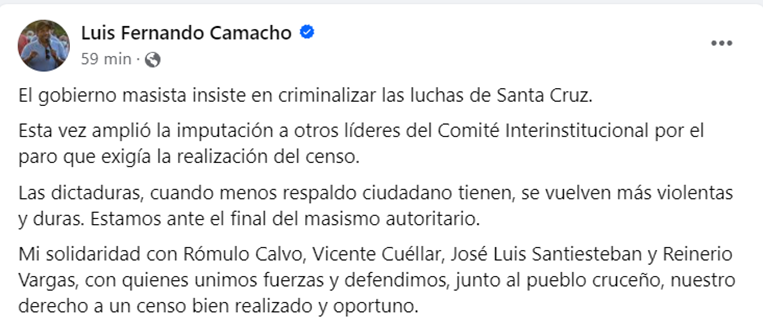 Luis Fernando Camacho escribe en redes sociales