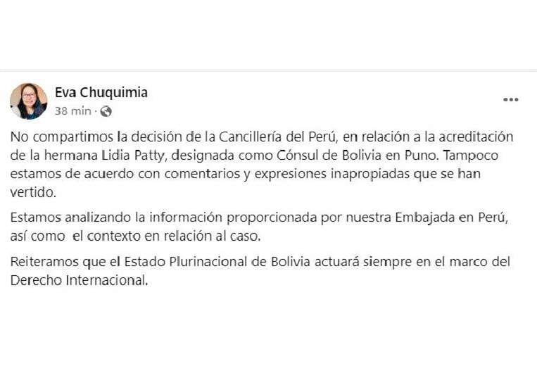 Viceministra Eva Chuquimia se expresa en redes sociales