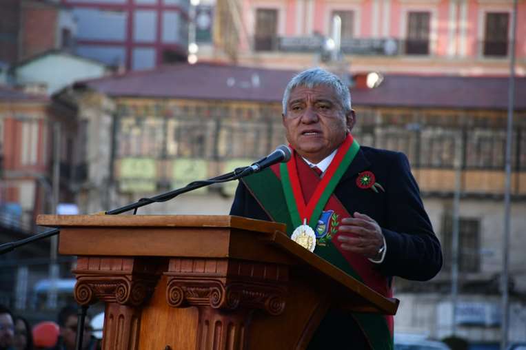 Alcalde de La Paz, Iván Arias, en su discurso de hoy. APG Noticias