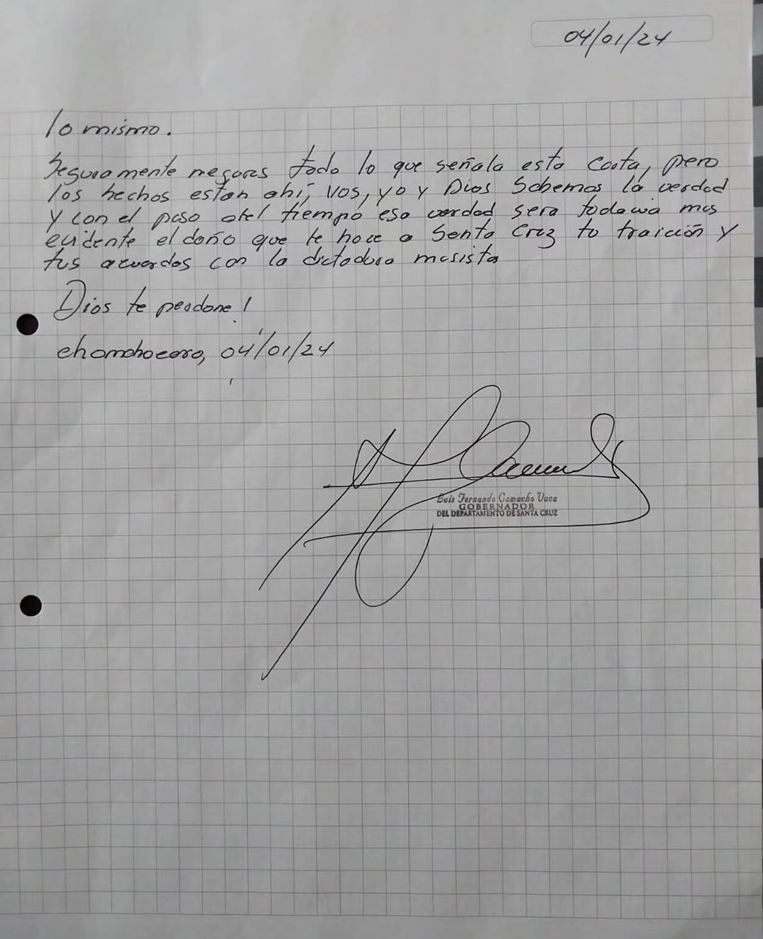 La carta escrita a mano que Camacho envió a Aguilera la publicó en sus redes 