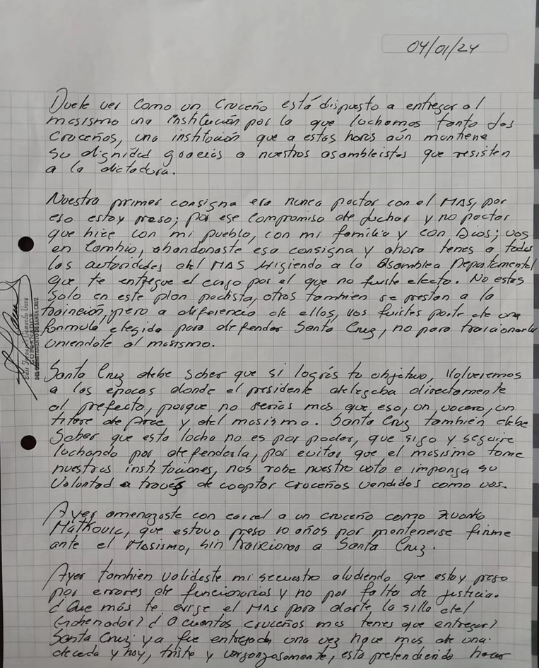La carta escrita a mano que Camacho envió a Aguilera la publicó en sus redes 