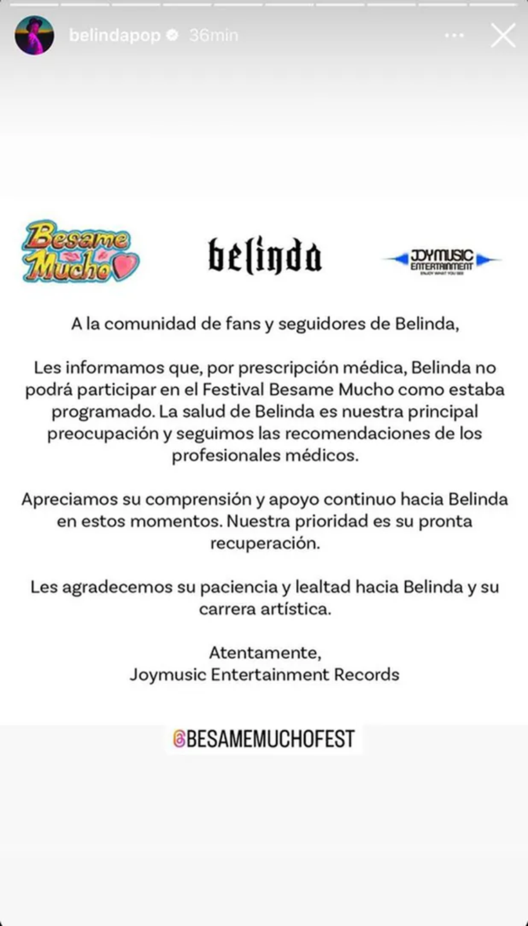 Belinda hizo el comunicado mediante sus redes sociales.