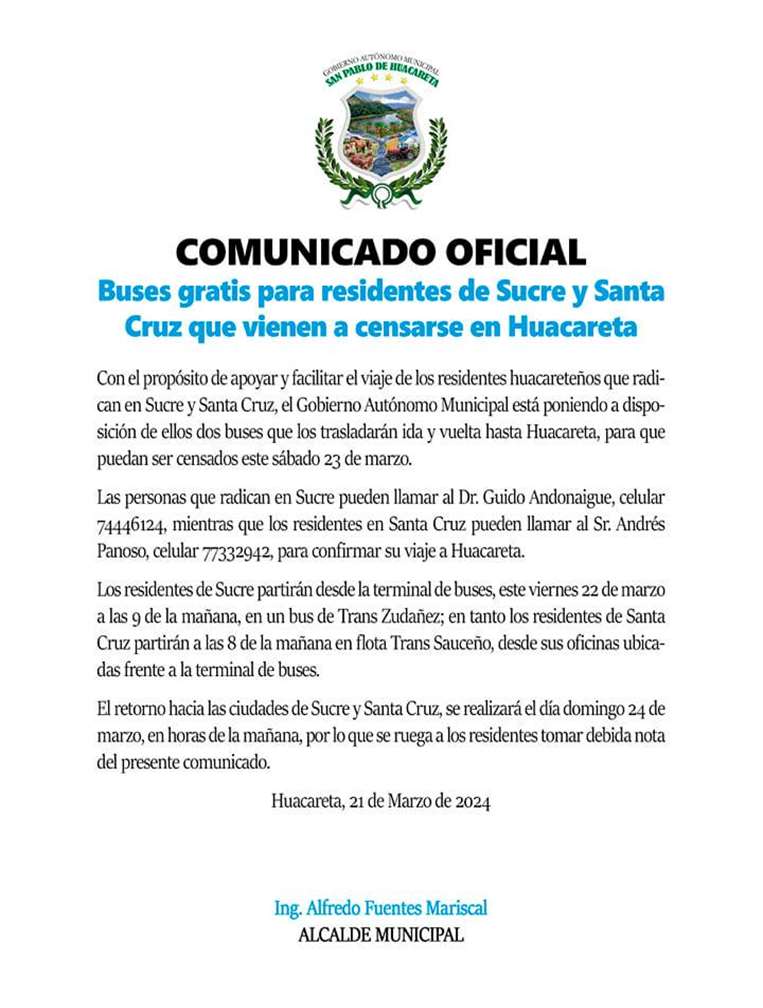 Municipio de Huacareta ofrece transporte para que su gente vuelva para el censo