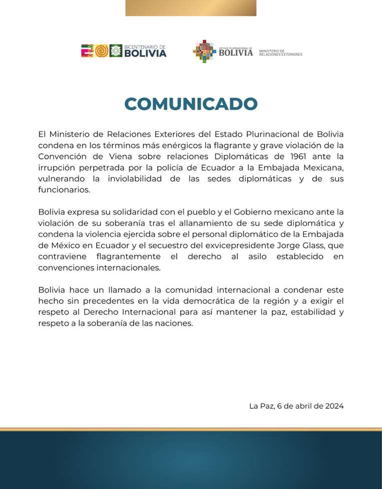 Cancillería boliviana se pronuncia sobre hechos de Ecuador en embajada de México