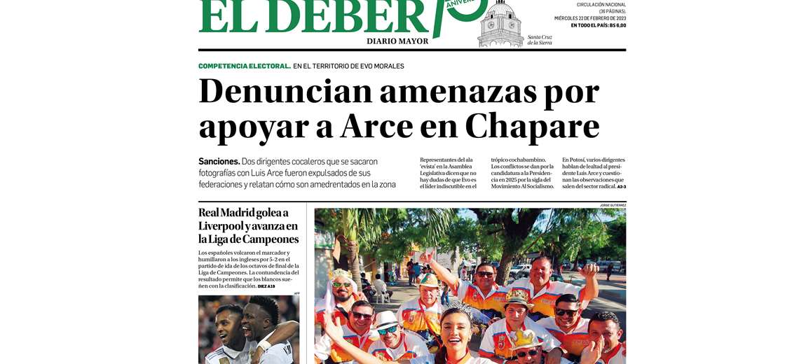 Portada EL DEBER 22 de febrero