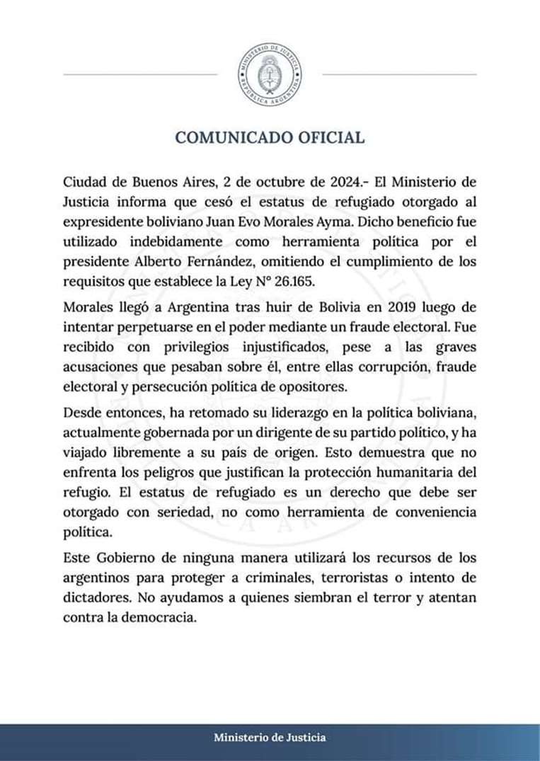 Comunicado oficial del Ministerio de Justicia Argentino