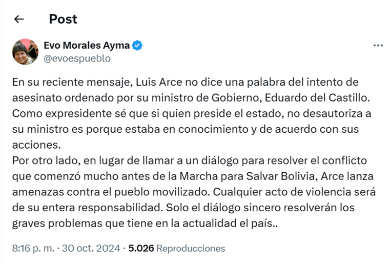 Evo responde al mensaje de Arce mediante un tuit