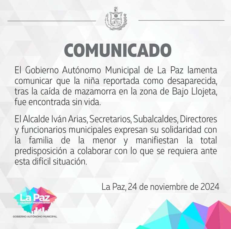 El Municipio paceño informó del deceso de la niña desaparecida en Bajo Llojeta