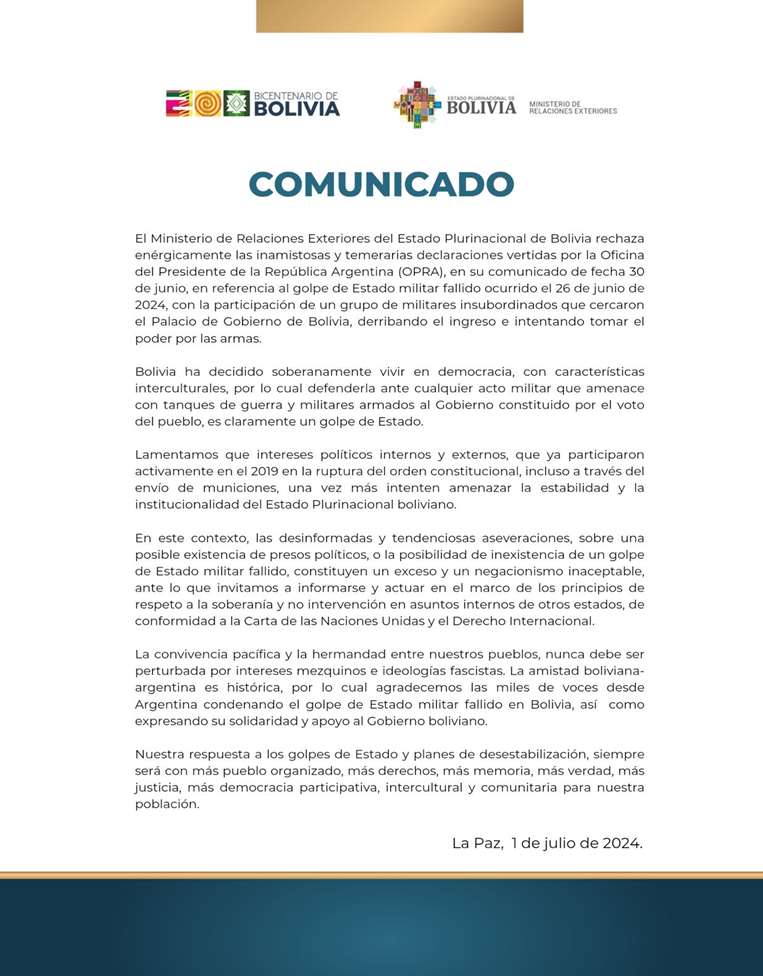 Comunicado de la cancillería boliviana sobre asalto militar