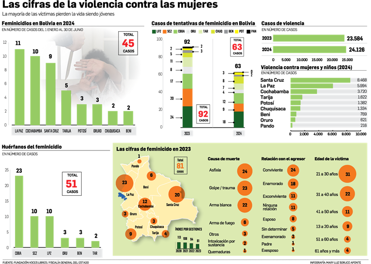 Feminicidios en Bolivia hasta julio de 2024
