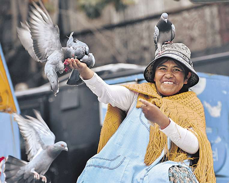 Las palomas y la risueña mujer de pollera, son símbolos de La Paz