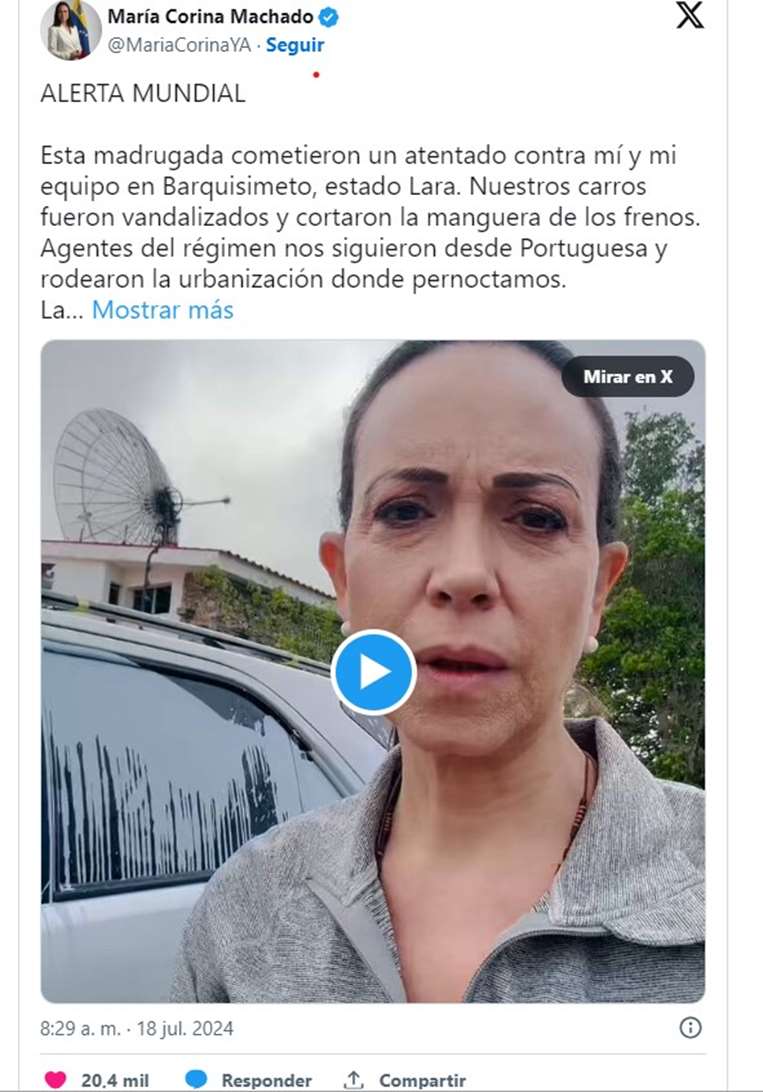La denuncia de María Corina Machado en redes sociales