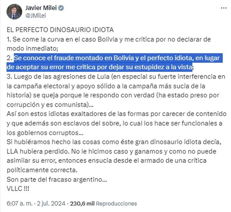 Tuit de Milei contra Lula