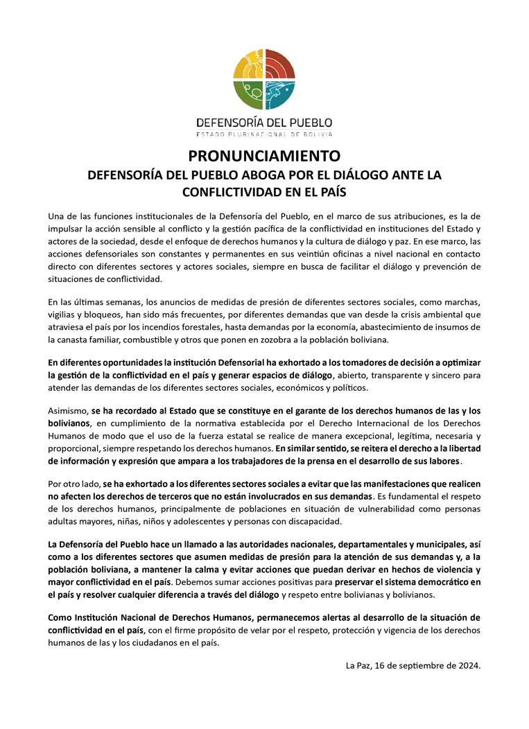 Comunicado de la Defensoría